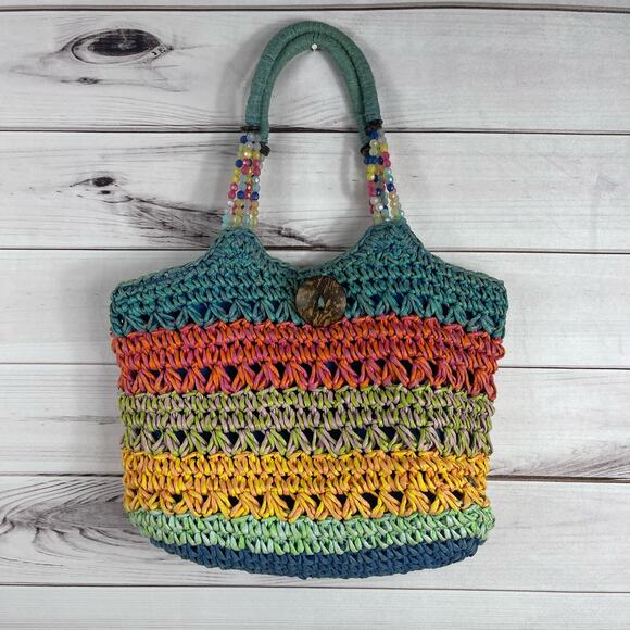 Cappelli Straworld Women's Handbag Tote Beaded Multicolored Wooden Button‎ - Picture 1 of 11